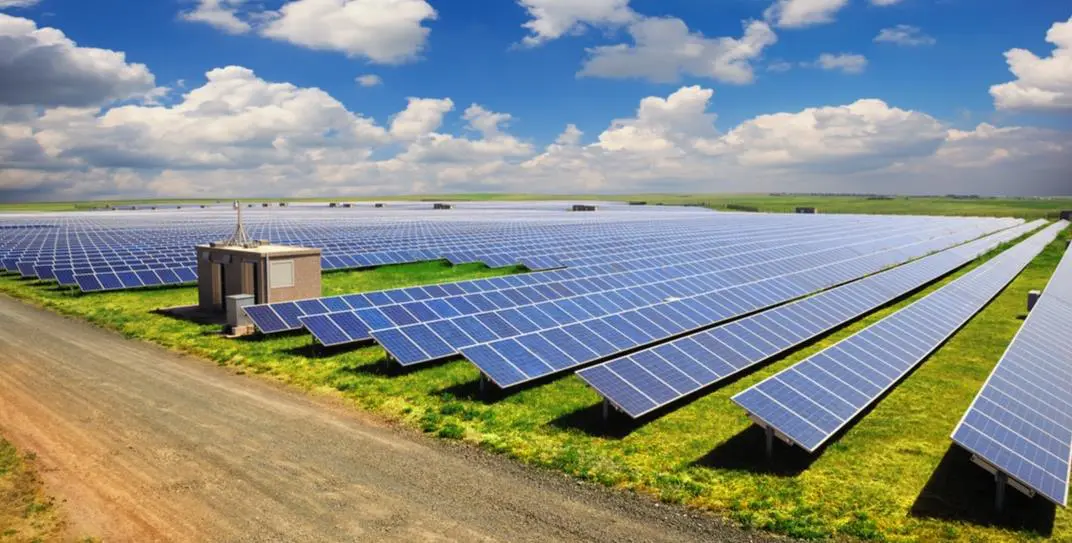 A field with many solar panels on it